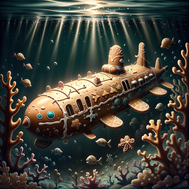 Foto illustratie van een gemberbrood onderzeeër onder water