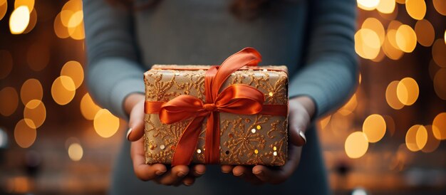 Illustratie van een geschenkdoos in de hand met een kerst achtergrond AI gegenereerd