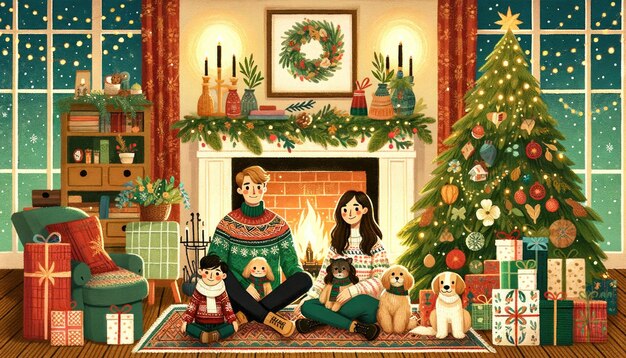 Illustratie van een gezin dat Kerstmis bij de open haard viert