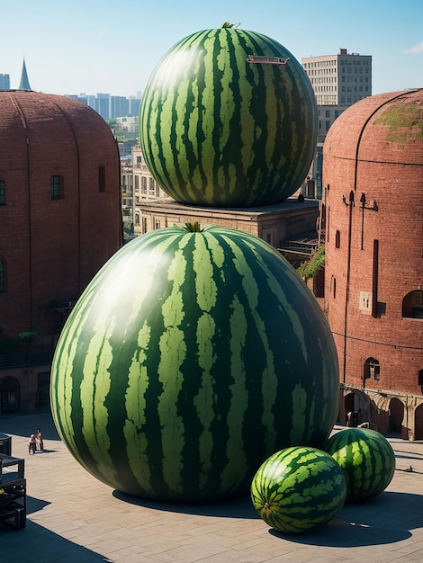 Foto illustratie van een gigantische watermeloen op de top van een groot gebouw