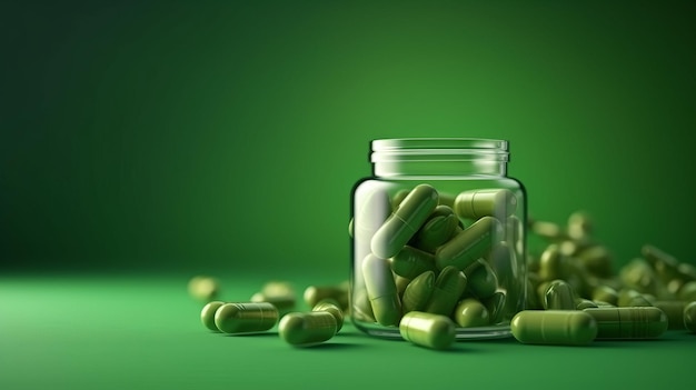 Illustratie van een glazen pot gevuld met groene pillen op een groene ondergrond Generatieve ai