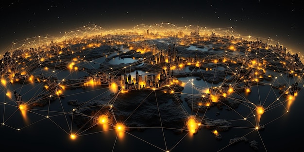 Foto illustratie van een gloeiende planeet met een geel netwerk dat steden met elkaar verbindt op een zwarte achtergrond