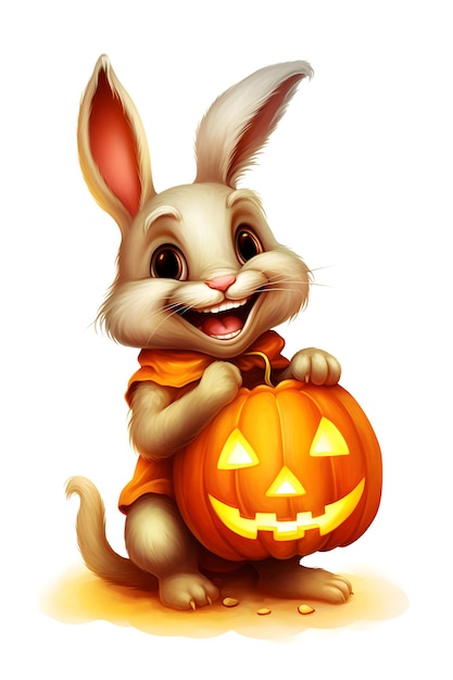 Illustratie van een grappig konijn dat een pompoenlantaarn draagt