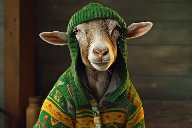 Illustratie van een grappige geit die een gele en groene trui en een wollen muts draagt tegen een donkergroene achtergrond Generatieve AI