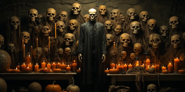 illustratie van een griezelig skelet dat voor de muur staat met schedels Halloween achtergrond
