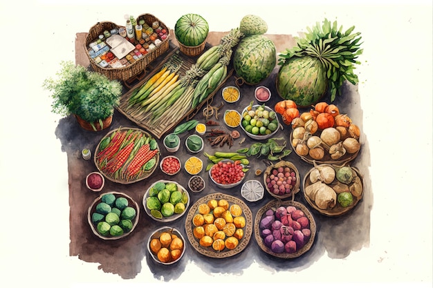 Illustratie van een groente- en fruitmarkt met een verscheidenheid aan verse producten