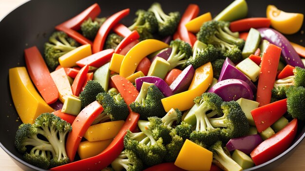 Foto illustratie van een groentegerecht met broccoli, paprika's en uien