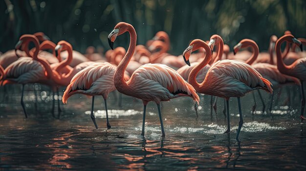 Illustratie van een groep flamingo's die zich verzamelen in een ondiepe rivier