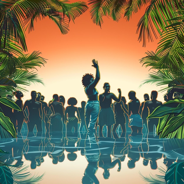 Foto illustratie van een groep mensen die in een zwembad staan met palmbomen generatieve ai