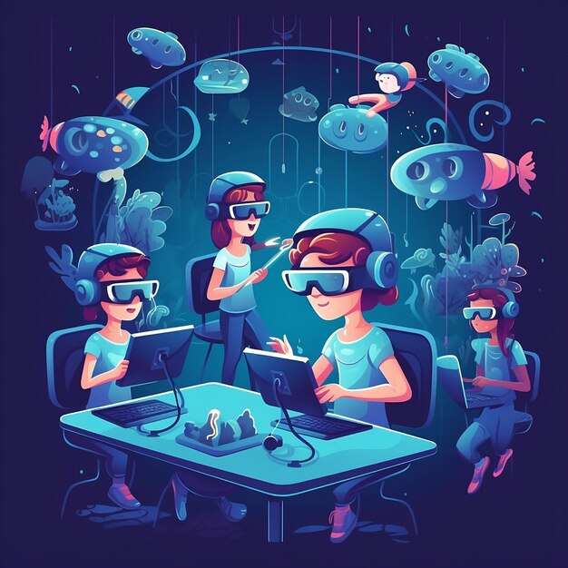 Illustratie van een groep mensen die vr-headsets dragen en kijken naar een vis die in de lucht zweeft.