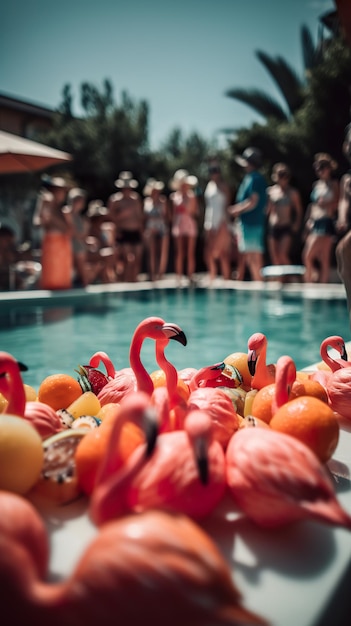 Illustratie van een groep vrienden in badkleding die genieten van een zwembad op Ibiza