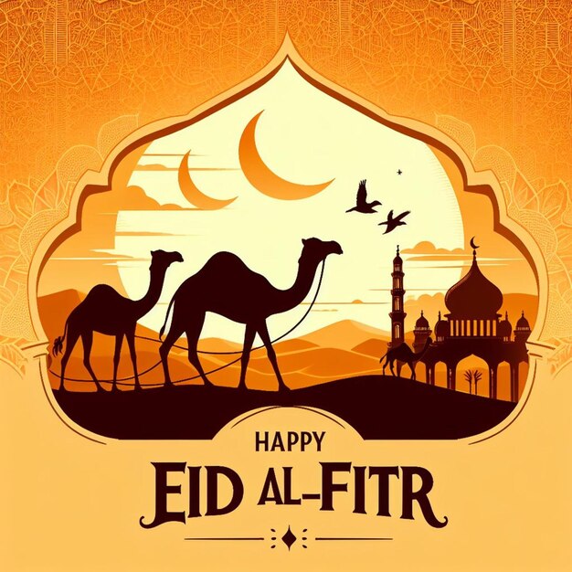 illustratie van een groetekaartje met de tekst gelukkig Eid al-Fitr met het silhouet van een kameel en t