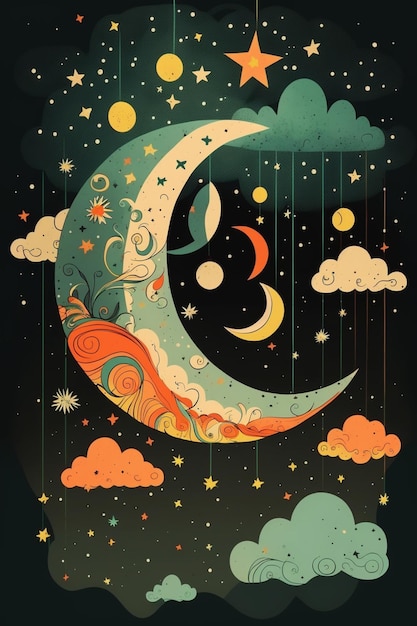 Illustratie van een halve maan met sterren en wolken aan de hemel generatieve ai