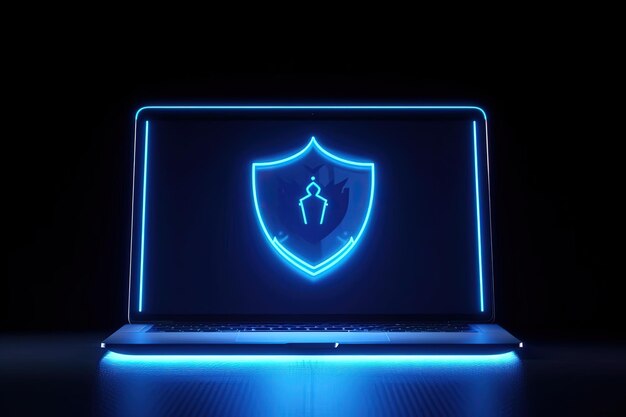 Foto illustratie van een hangslot op het scherm van een laptop blauwe neonlichten gegevensbeveiligingsconcept generatieve ai