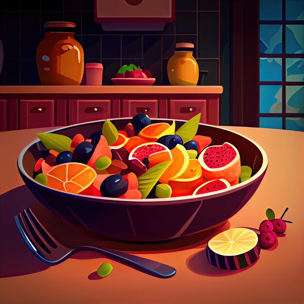 Foto illustratie van een heerlijke salade met vers fruit en bessen op tafel serie van voedsel en