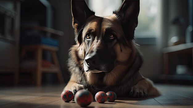 Illustratie van een hond die lusteloos naar beneden ligt in een schattige kamer.