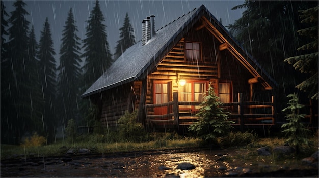 Illustratie van een houten huis in het bos's nachts met volle maan