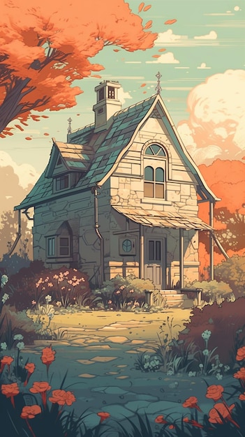 Illustratie van een huis in een veld met een boom en bloemen generatieve ai