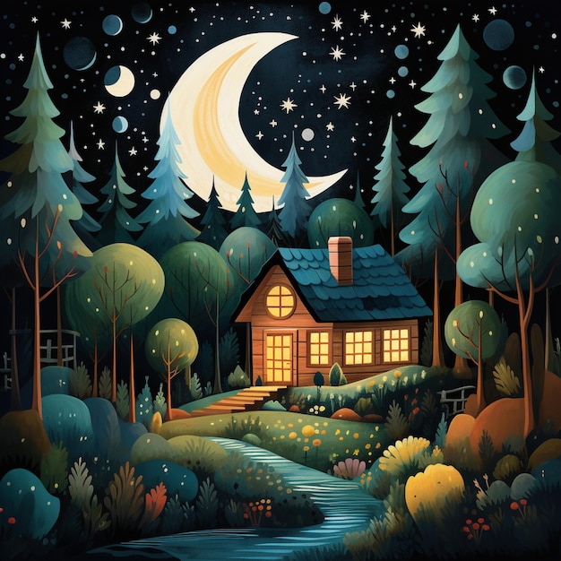 Illustratie van een huis in het bos 's nachts met een generatieve ai bij volle maan