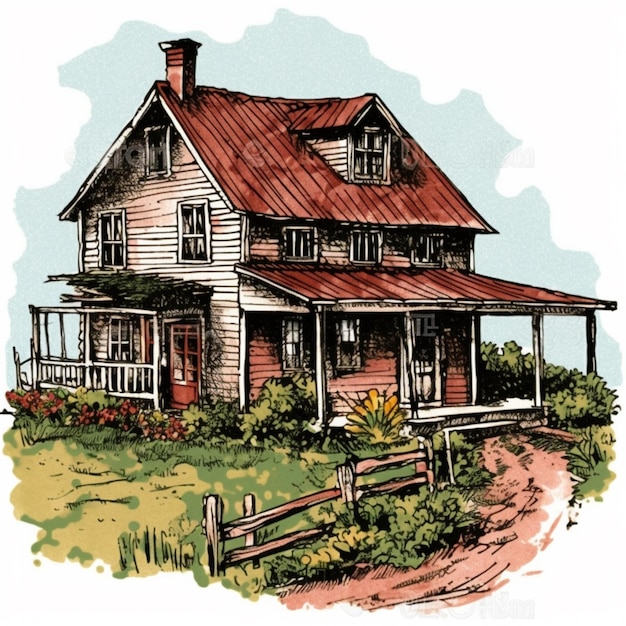 Illustratie van een huis met een rood dak en een veranda generatieve ai