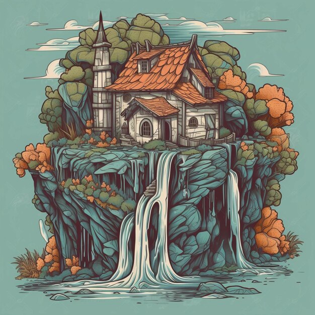 Illustratie van een huis op een klif met een waterval generatieve ai