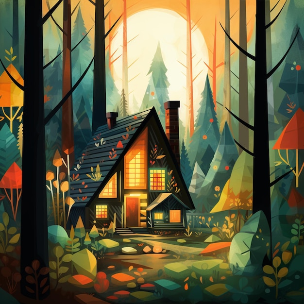 Illustratie van een hut in het bos met een volle maan op de achtergrond generatieve ai