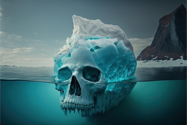 Illustratie van een ijsberg in de vorm van een menselijke schedel in de zee. Generatieve AI