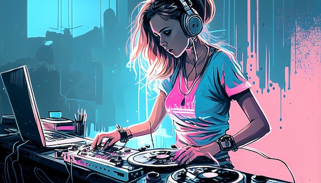 illustratie van een jong meisje DJ zit achter een computer en luistert naar de muziek