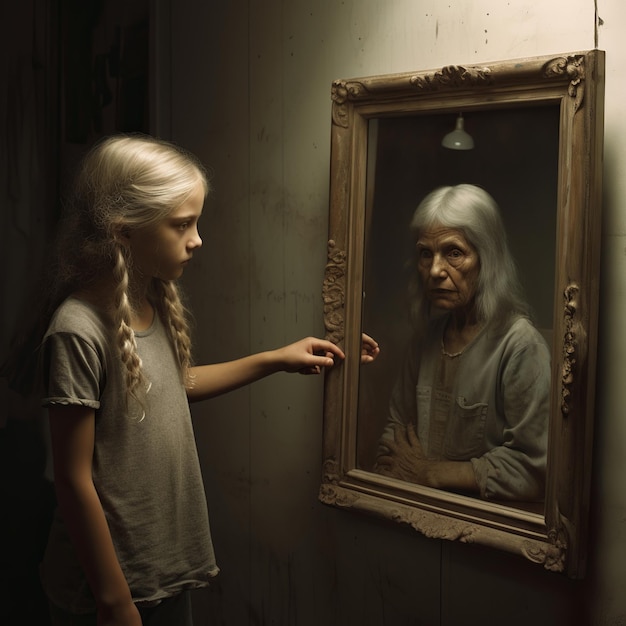 Foto illustratie van een jong meisje in een kamer die in een spiegel kijkt om te zien