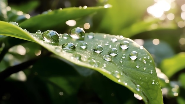 Illustratie van een jong sappig groen blad met waterdruppels Macro bokeh zonlichtAI