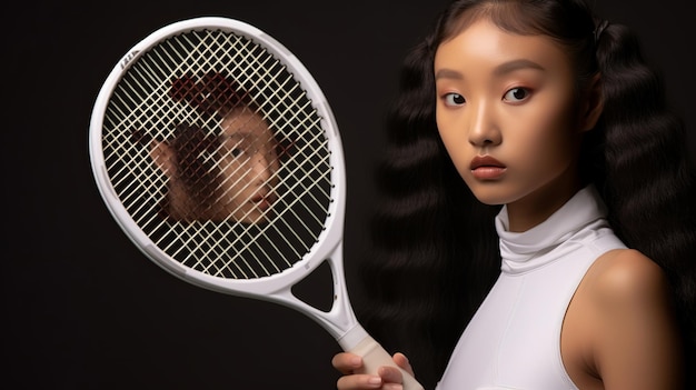 Foto illustratie van een jonge vrouw die een tennisracketmeisje vasthoudt