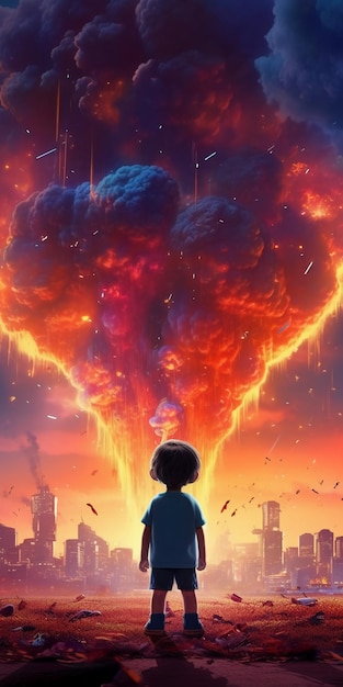 Foto illustratie van een jongen die staat te kijken naar een enorme brandexplosie in een verwoeste stad