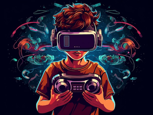 Foto illustratie van een jongen die virtual reality-game ai speelt