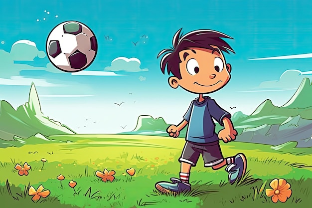 Illustratie van een jongen die voetbal speelt op het veld