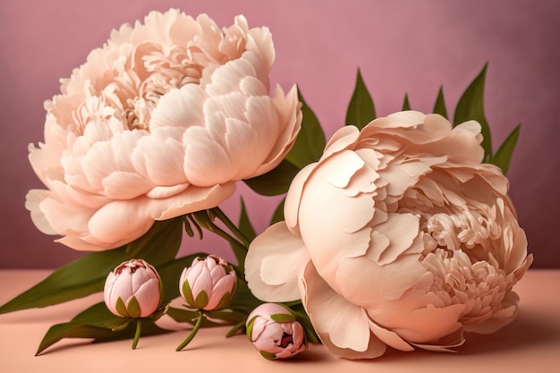 Illustratie van een kaart met roze pioen bloemen AI generatie