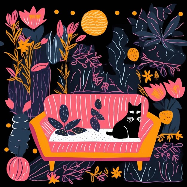 Illustratie van een kat die op een bank zit, omringd door planten.
