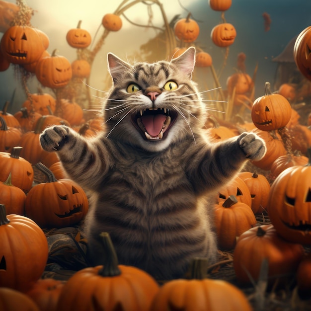 illustratie van een kat en Halloween-pompoen Halloween Cat en Jack o Lantern Achtergrond Generatief