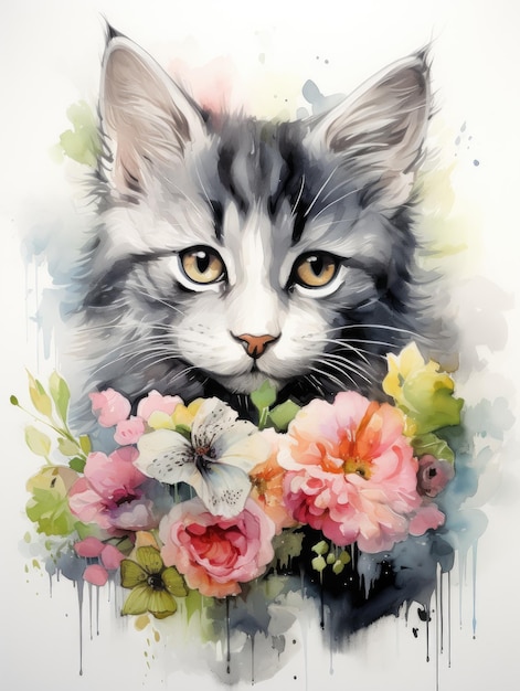 Illustratie van een kat met een boeiende uitstraling versierd met een kleurrijke kroon van bloemen