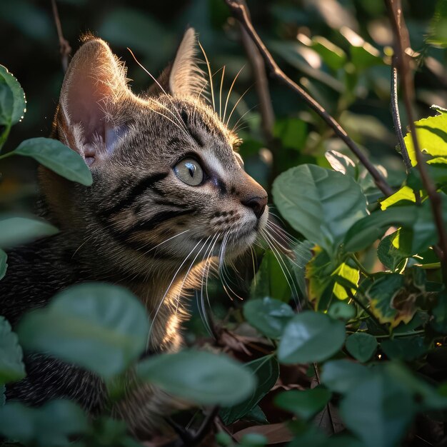 Illustratie van een kattenhoofd in de bos-jungle tuin natuur