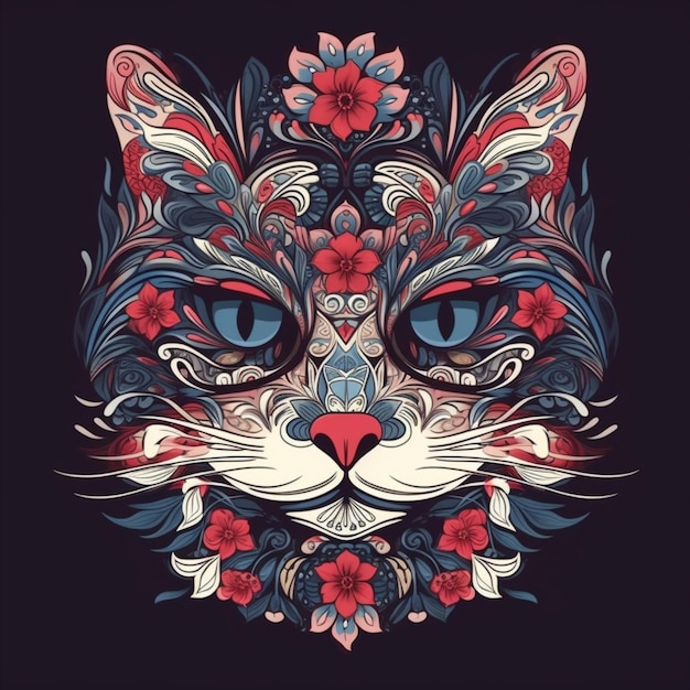 illustratie van een kattenhoofd met ingewikkelde ontwerpen van decoratieve bloemen