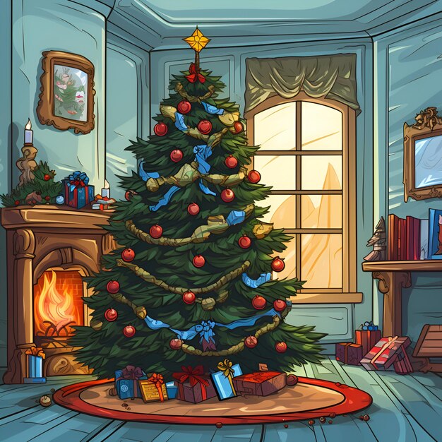 Foto illustratie van een kerstboom in de woonkamer overdag