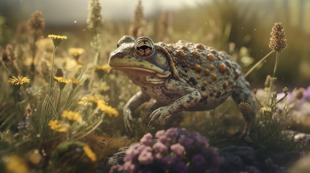Illustratie van een kikker in het midden van een 3D-realistisch bos