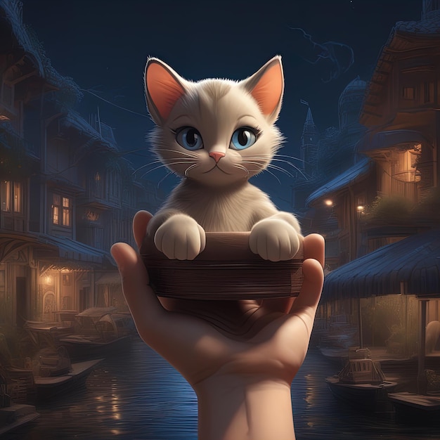 illustratie van een kitten in een houten huiskat in een houten huis