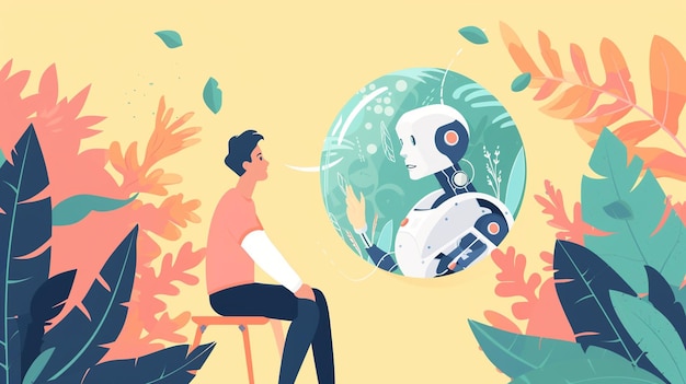 illustratie van een klant jongen interactie met een vriendelijke robot via een holografische interface Gen