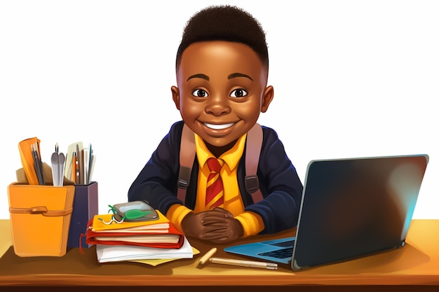 illustratie van een kleine Afrikaanse jongen die op een schooltafel zit