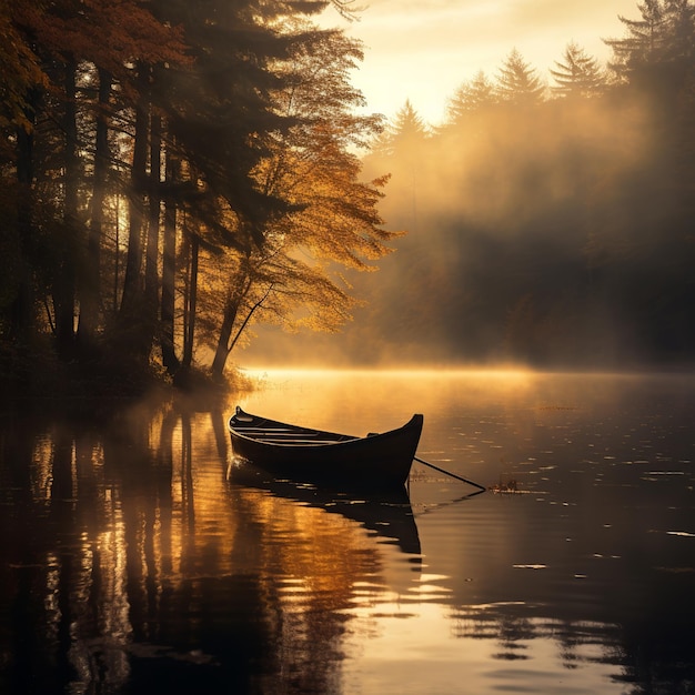 illustratie van een kleine boot op een meer met een bos in de warme herfst