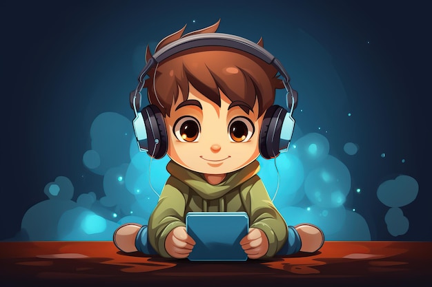 Illustratie van een kleine jongen in een koptelefoon die naar tekenfilms kijkt op een tablet