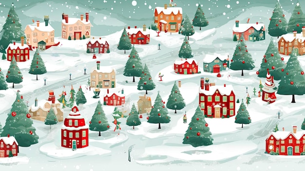 Illustratie van een kleine met sneeuw bedekte stad met versierde kerstbomen en huizen
