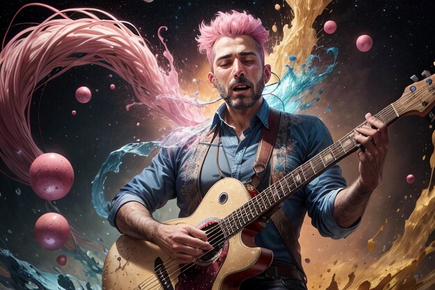 Illustratie van een knappe man die gitaar speelt en zingt met gekleurde behang op de achtergrond