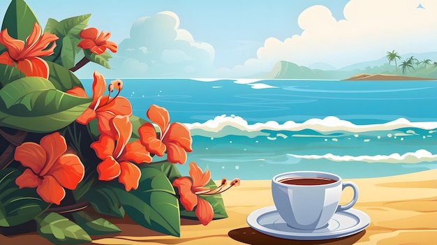 illustratie van een kopje koffie op een tafel op het strand met bloemen voor het achtergrondbehang